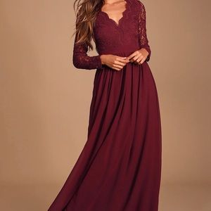 Lulus Burgundy Long Sleeve Lace Maxi Dress